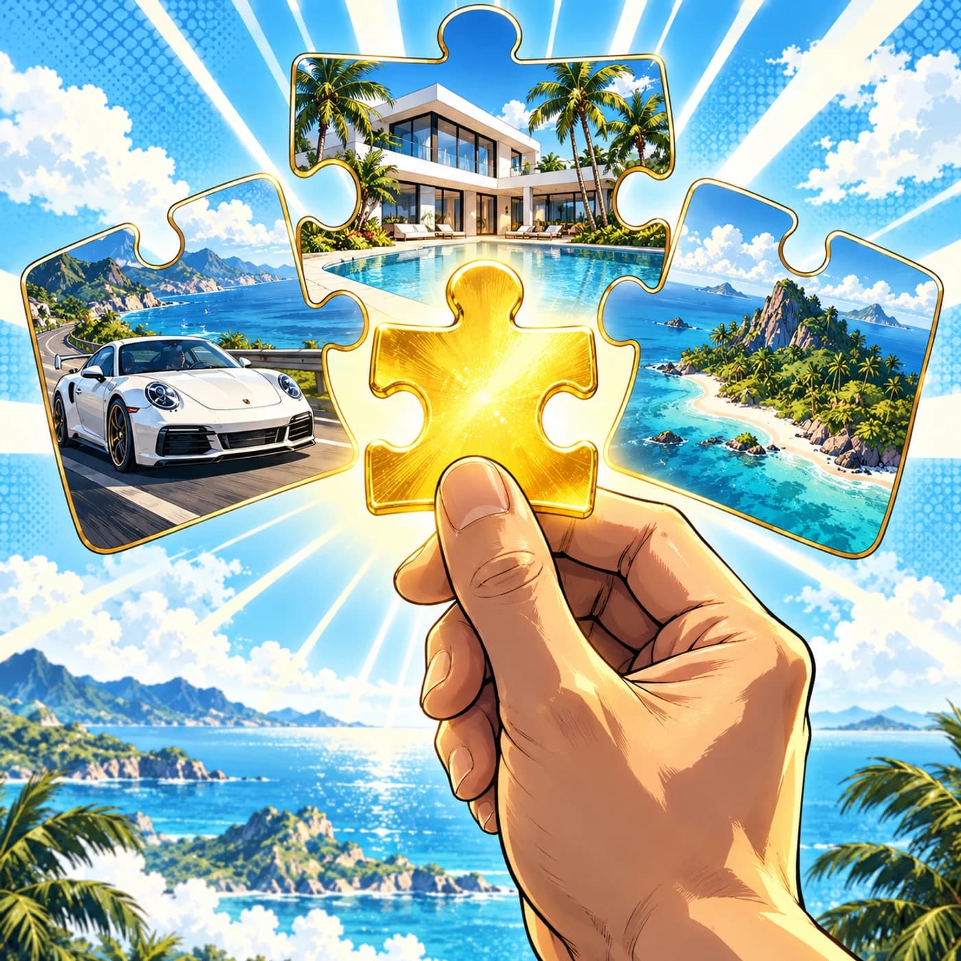Anime illustration of a hand holding a golden puzzle piece, surrounded by a villa, a sports car and an island